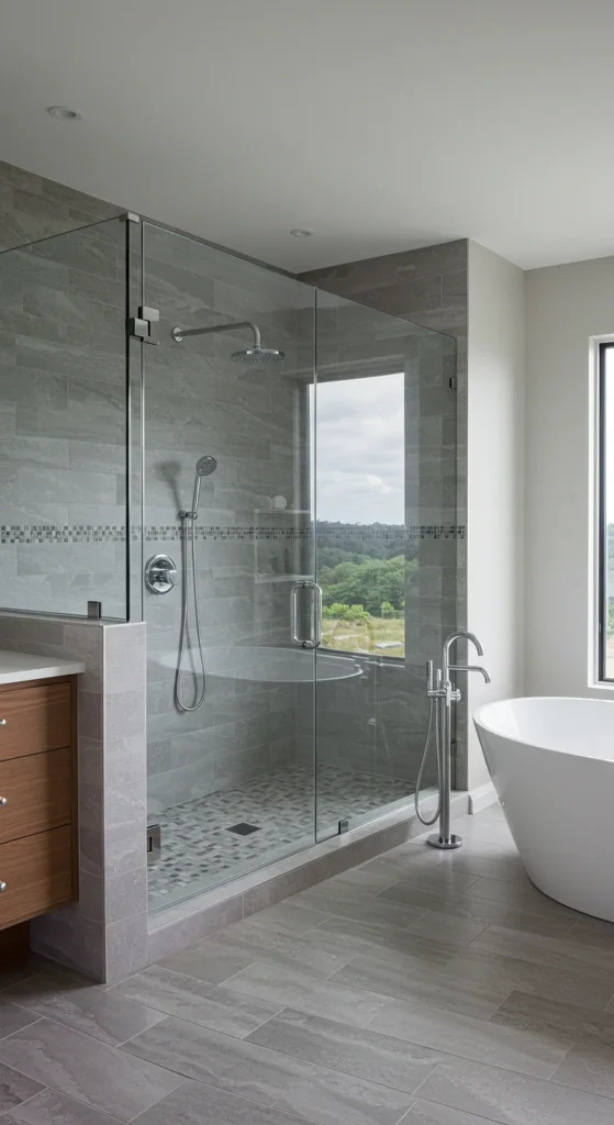 A Modern Bathroom With A Frameless Glass Shower, Gray Tiles, And A Freestanding Tub.