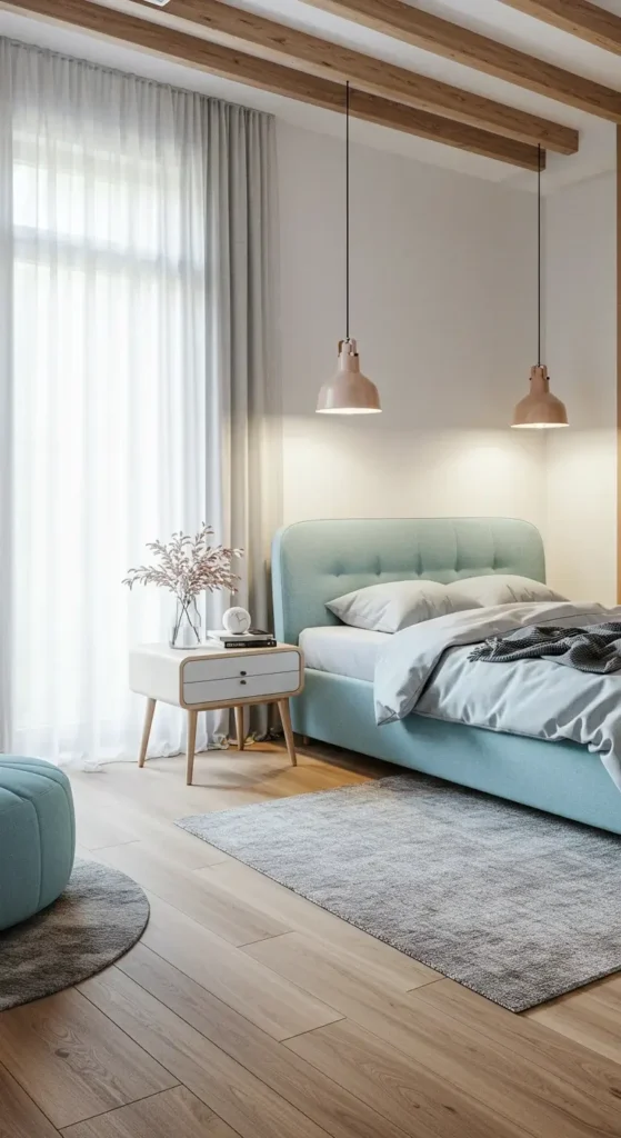 A Modern Bedroom With A Mix Of Light Wood And White Tones