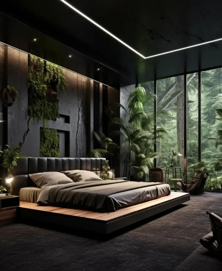 A Modern Bedroom With A Sleek Black And Green Aesthetic