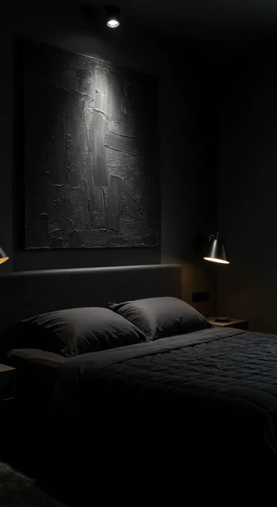 A Modern Black-themed Bedroom Featuring Abstract Wall Art