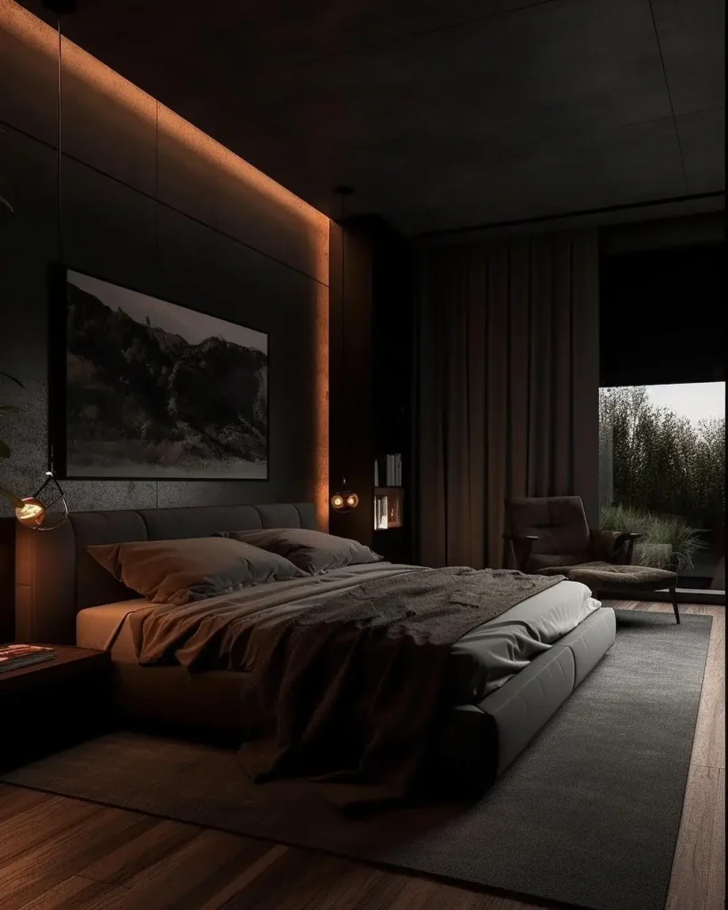 A Moody Black Bedroom With Subtle Lighting