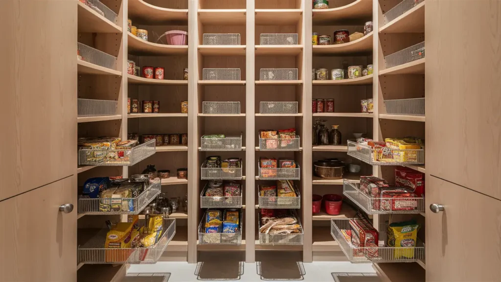 A Pristine, Organized Pantry With Pull-out Baskets For Snacks And Canned Goods