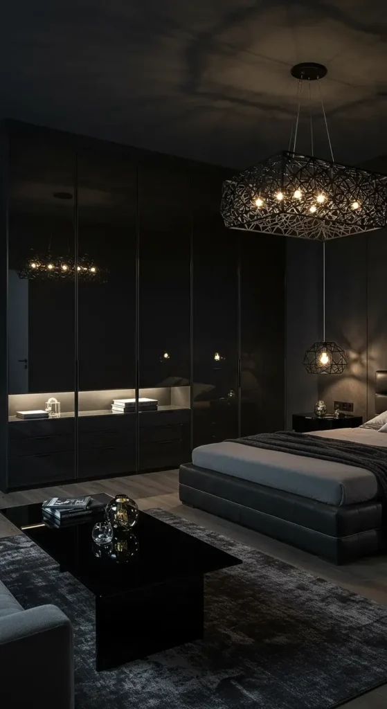 A Refined Black Bedroom Blending Matte And Gloss Finishes