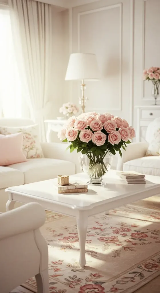 A Romantic Living Room Featuring Soft Pink Roses