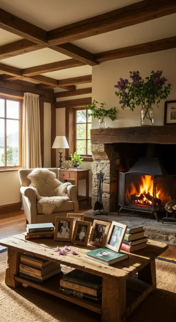 A Rustic Living Room With A Cozy Fireplace