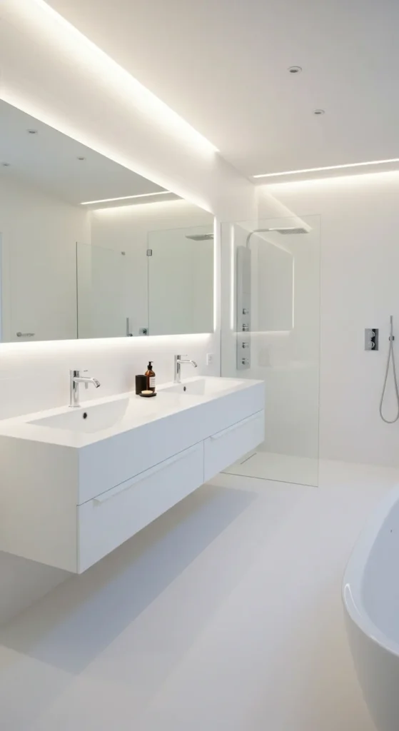 A Sleek, All-white Bathroom With Floating Vanities