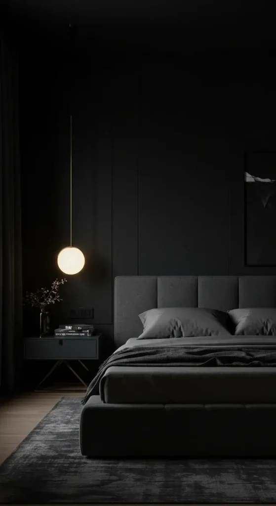 A Sleek Black Bedroom Interior With Minimalist Furniture