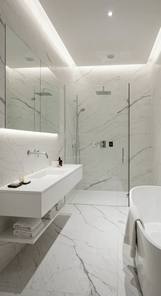 A Sleek, Minimalist Bathroom With White Marble Walls