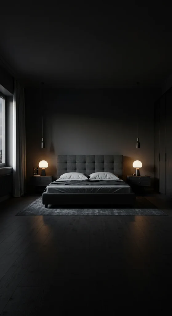 A Sleek, Modern Bedroom With Dark Wood Furniture