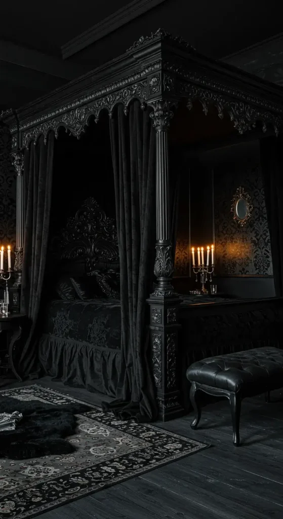 A Sophisticated Gothic-style Black Bedroom With Ornate