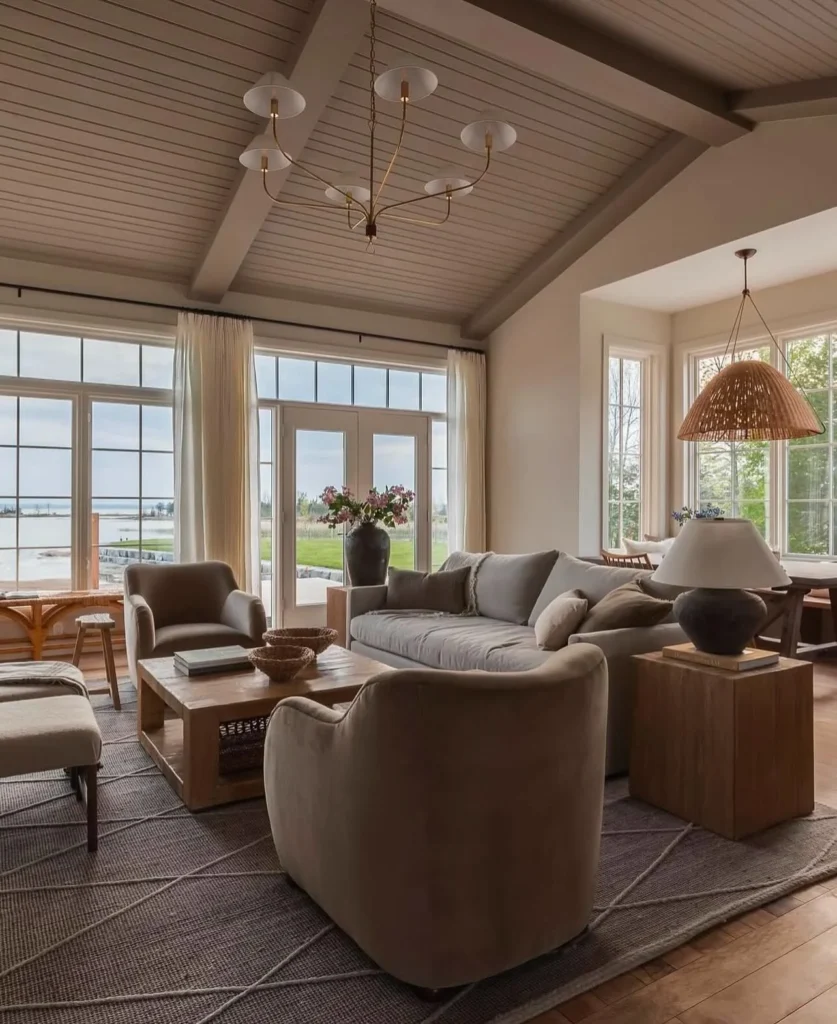 A Sophisticated Modern Farmhouse Living Room With Wooden Beams