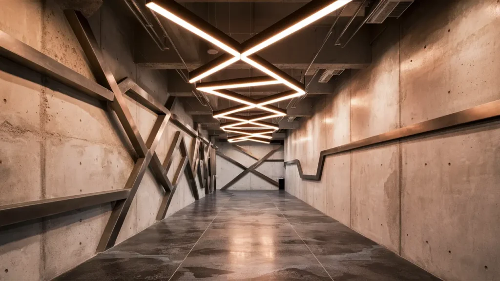 A Striking And Modern Industrial-style Hallway Features A Raw