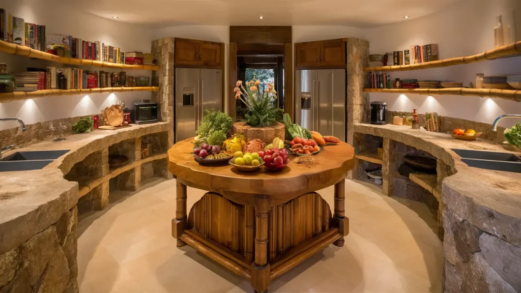 A Stunning And Inviting Kitchen Showcases A Beautiful Wooden Island