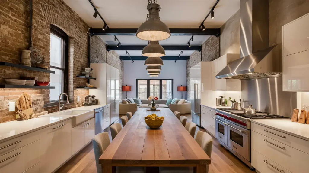 A Stunning, Contemporary Kitchen Showcasing Exposed Brick Walls