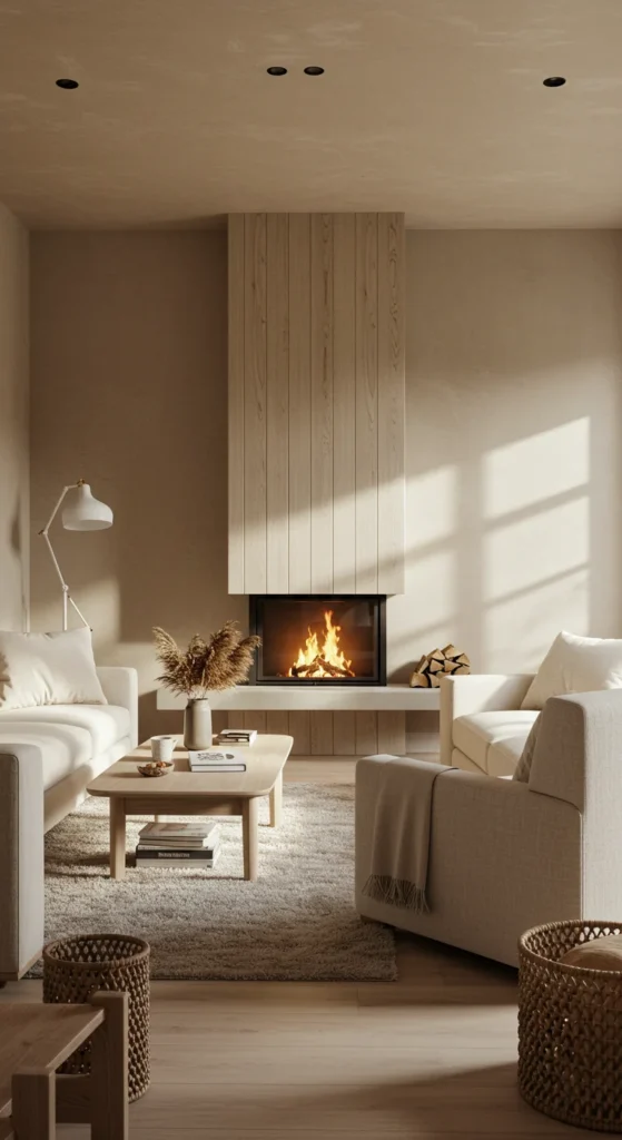 A Sunlit Traditional Living Space With A Fireplace