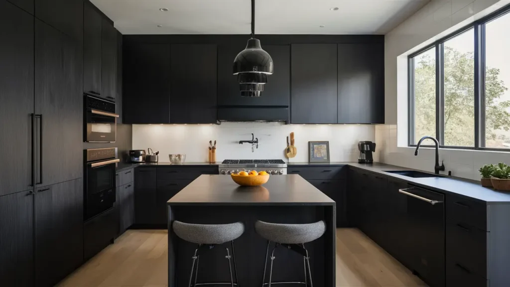 All-black Kitchen With Matte Finishes, Featuring Black Cabinetry