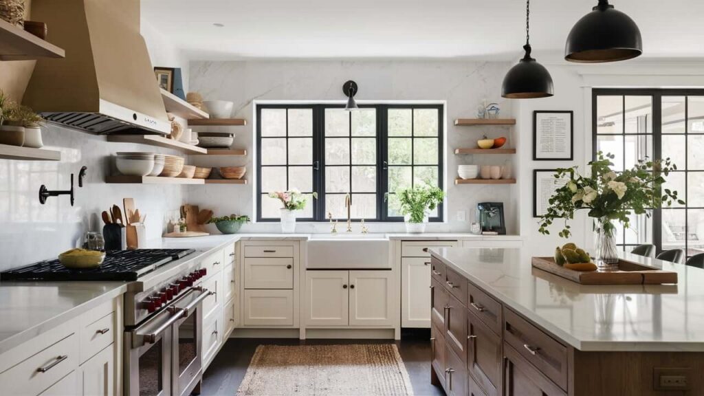 All-white Kitchen With Open Shelving, White Marble Countertops