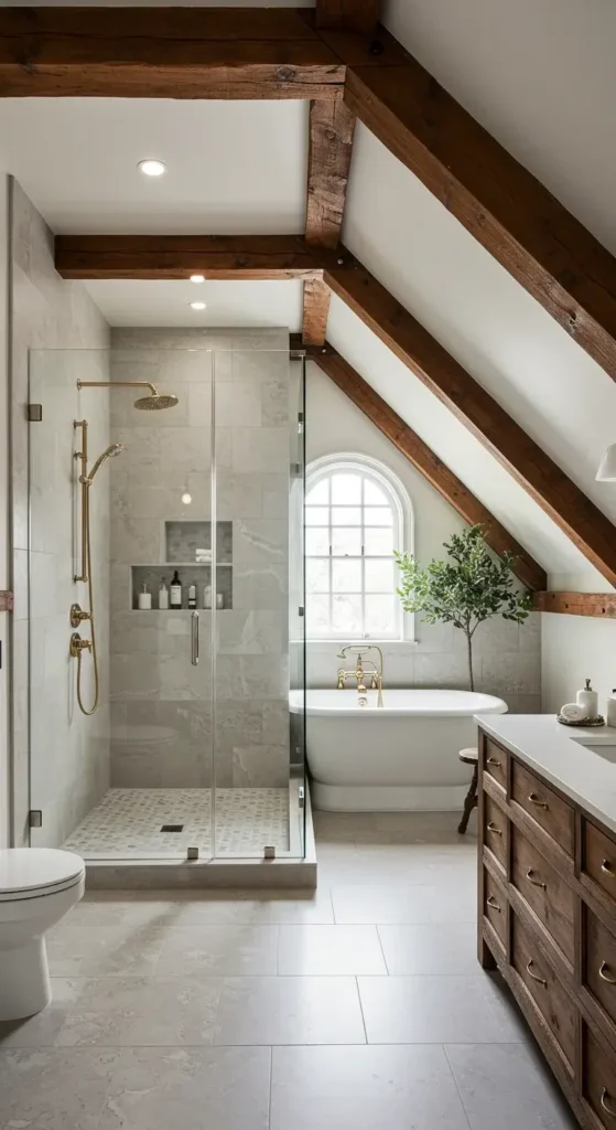 An Attic Bathroom Remodel Featuring A Sloped Ceiling