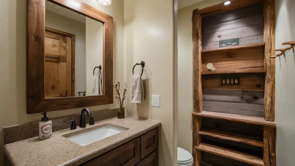 Bathroom With A Wood-framed Mirror, Wooden Towel Hooks