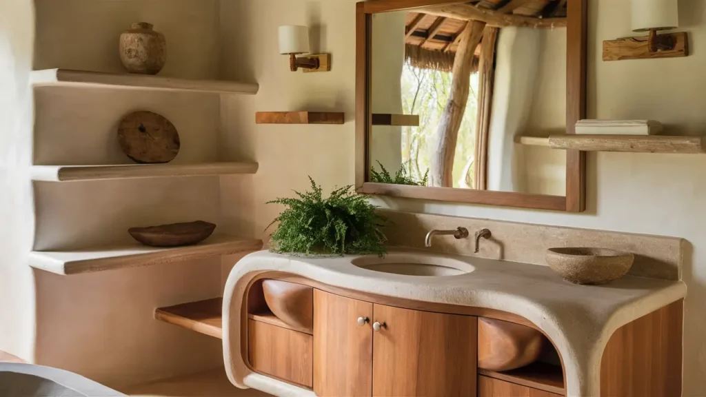 Bathroom With Warm Wood Accents On The Vanity