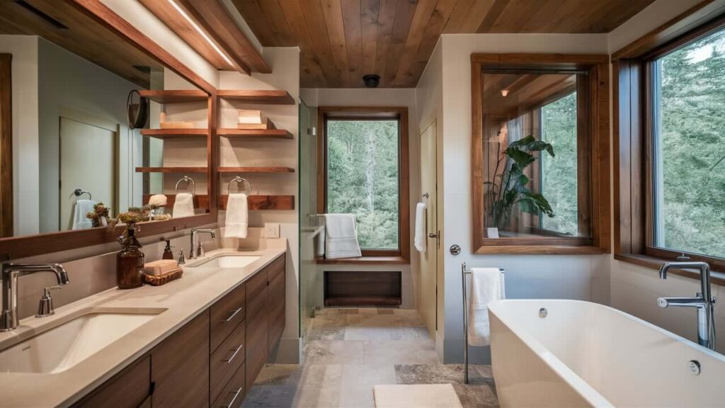 Bathroom With Warm Wood Accents On The Vanity, Floating Shelves