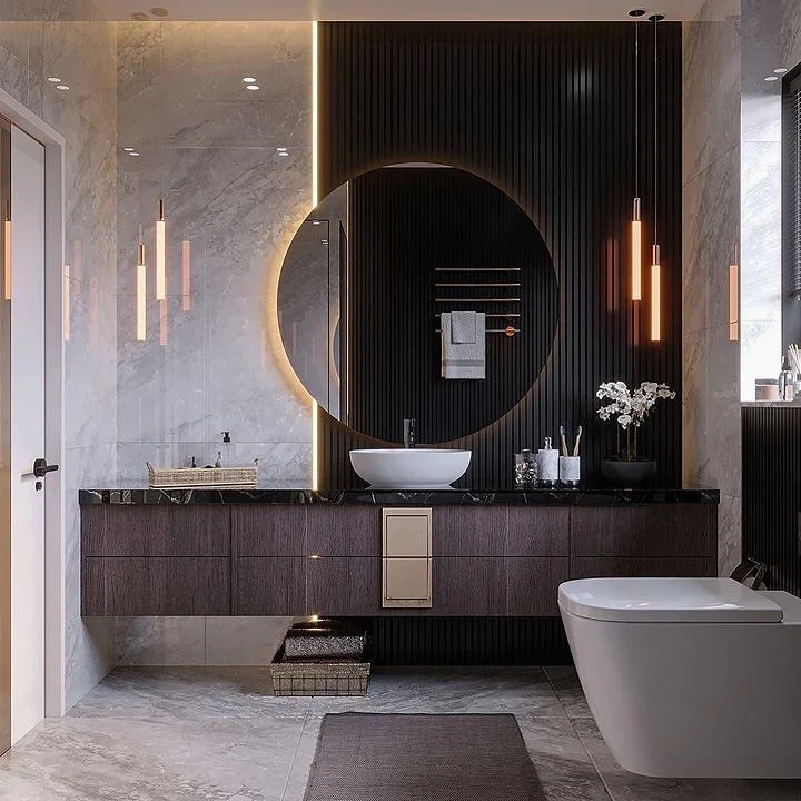 Beige And White Bathroom With Stone Tiles And Cozy Lighting