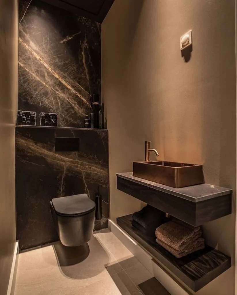 Black-themed Bathroom With Warm Ambient Lighting