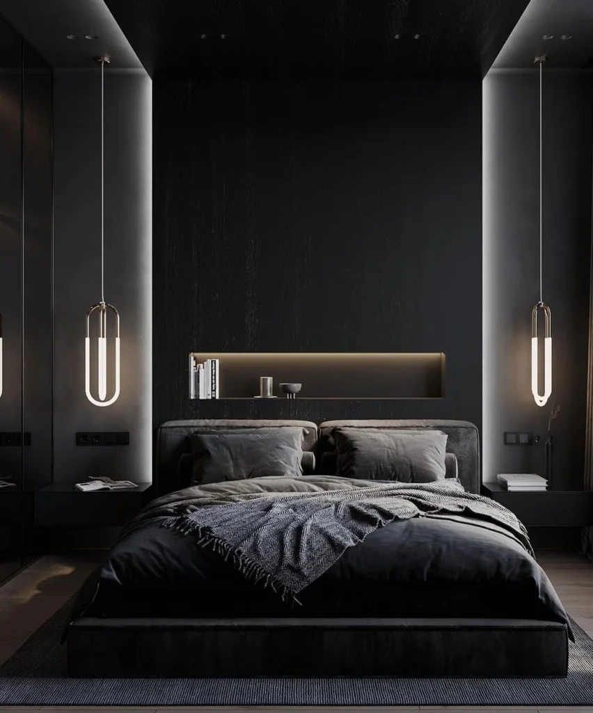 Black-themed Cozy Bedroom With Soft Lighting