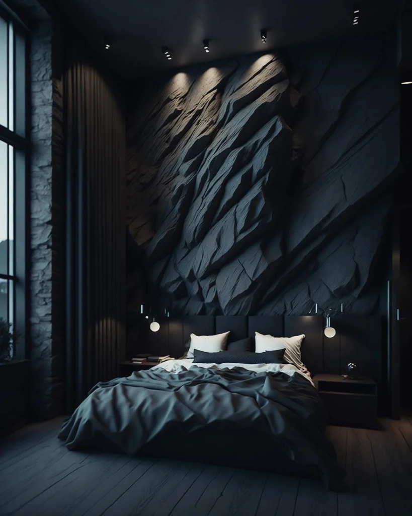 Black And Grey Bedroom With An Open Closet Design