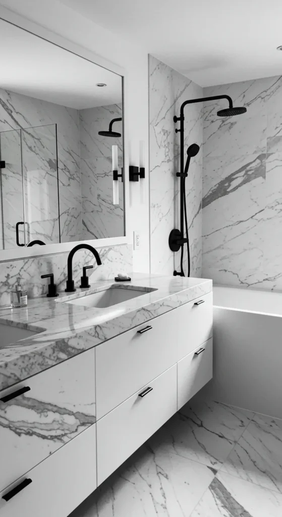 Black And White Bathroom With Marble Countertops