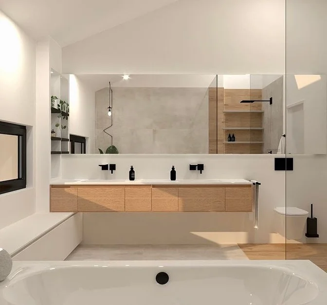 Blue-tiled Bathroom With A Classic Vanity Mirror