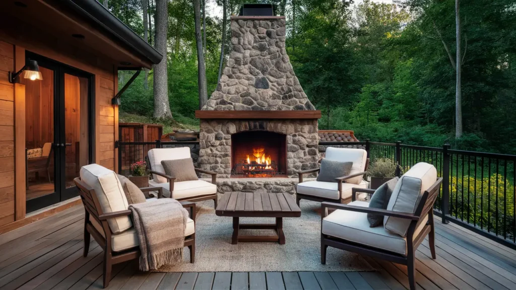 Charming Patio With A Stone Fireplace, Comfortable Lounge Chairs