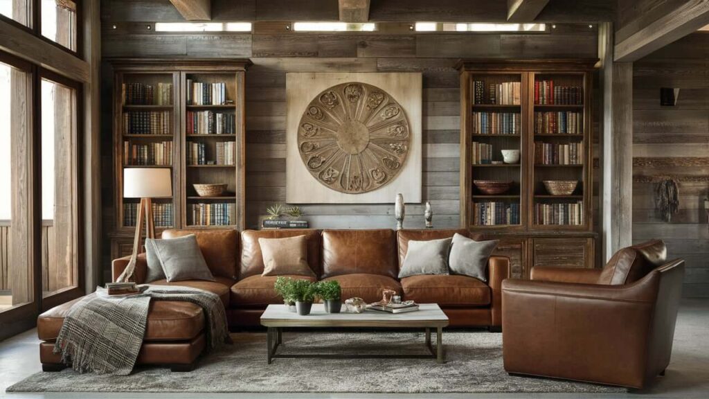 Classic Rustic Living Room With A Large Leather Sofa