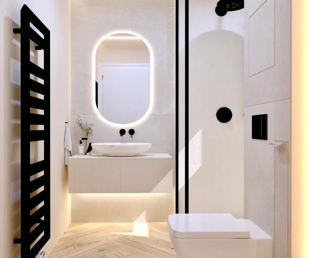 Contemporary Bathroom With Black-framed Shower And Round Mirror