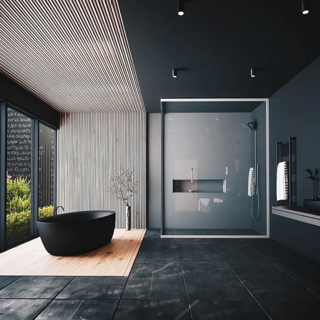 Contemporary Bathroom With Bold Black Elements And Warm Lighting