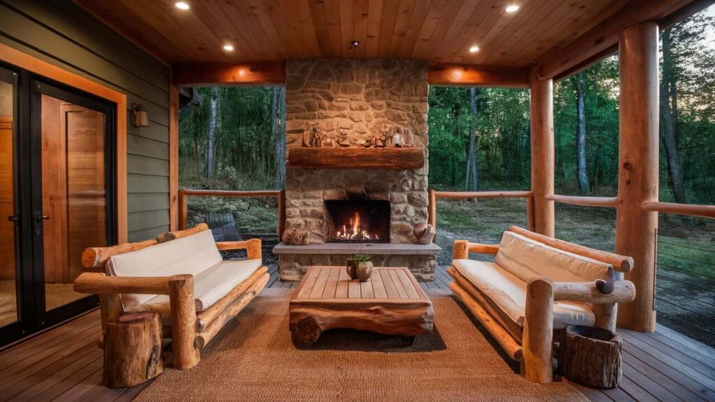 Cozy Outdoor Retreat With Log Seating, A Wooden Coffee Table