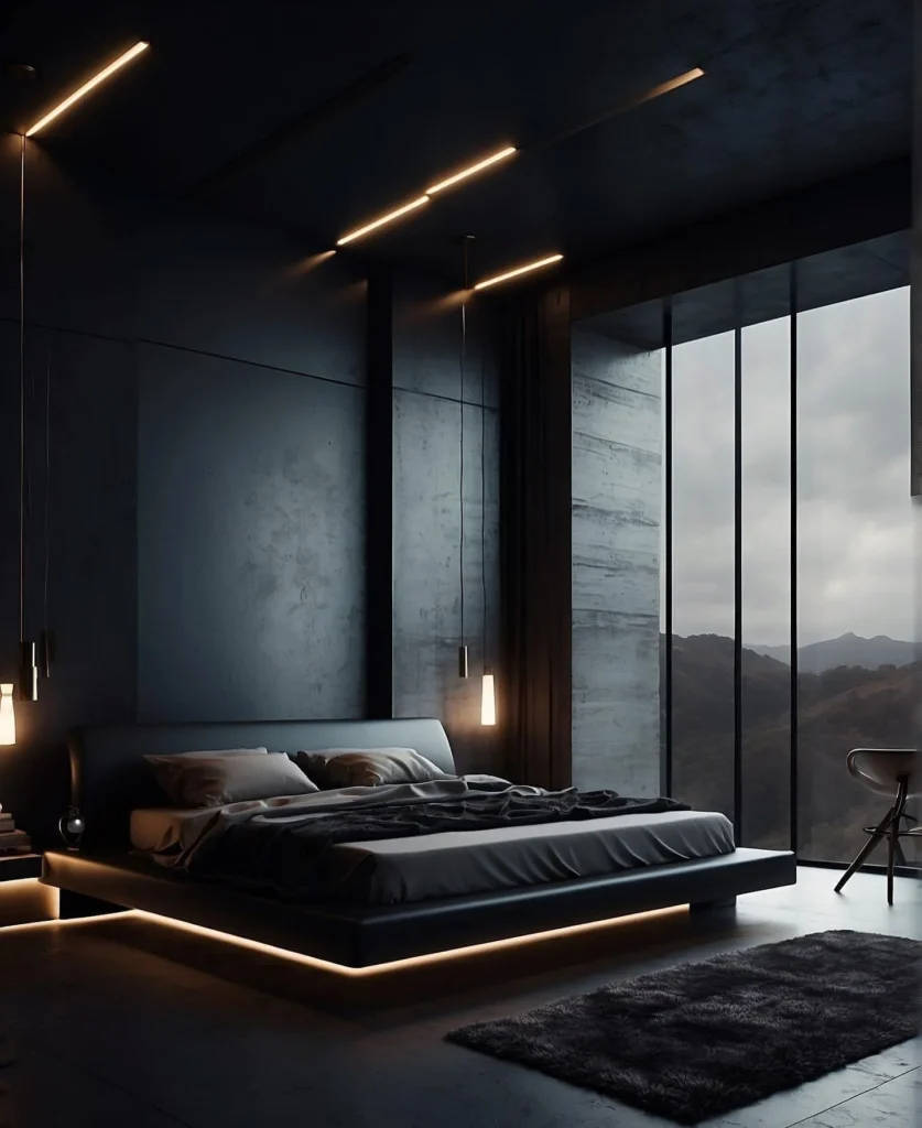 Dark Minimalist Bedroom With Floor-to-ceiling Windows