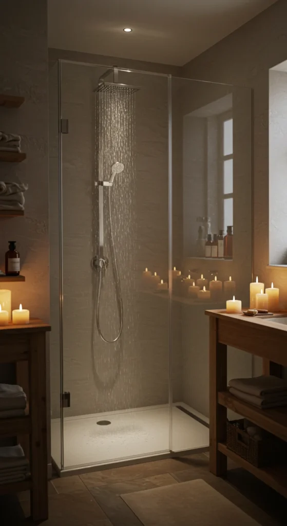 Dark Modern Bathroom With Stylish Lighting And Black Fixtures