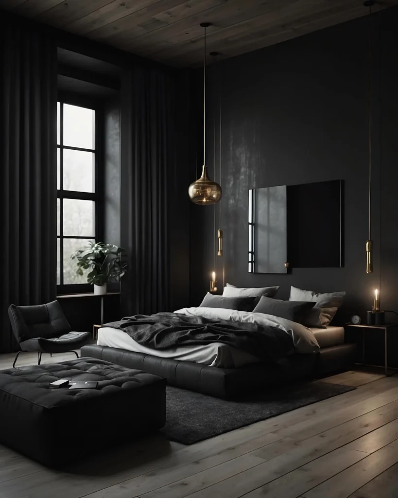 Dramatic Dark Bedroom With Floating Bed And Soft Shadows