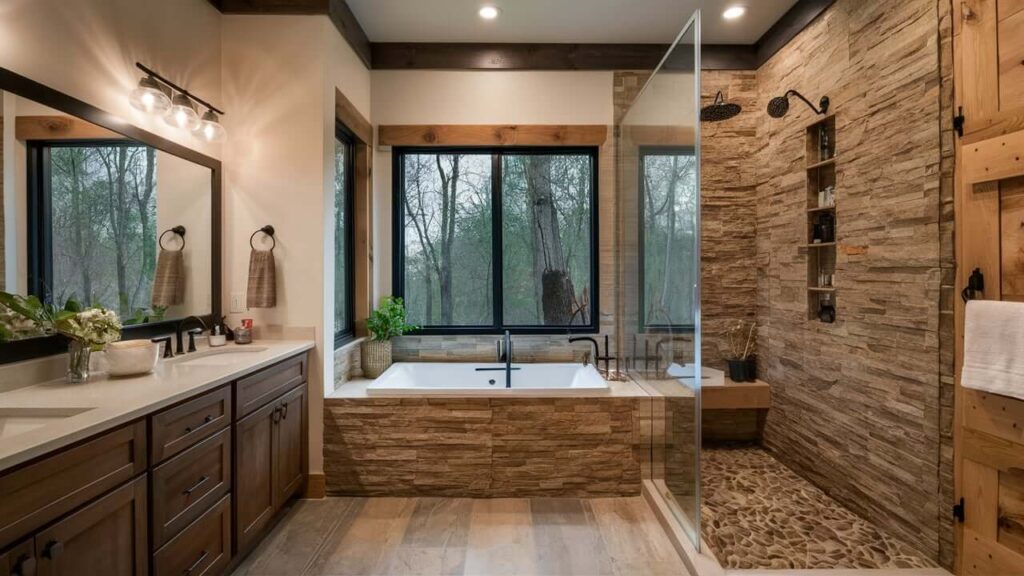 Farmhouse-style Bathroom With A Stone-wrapped Tub