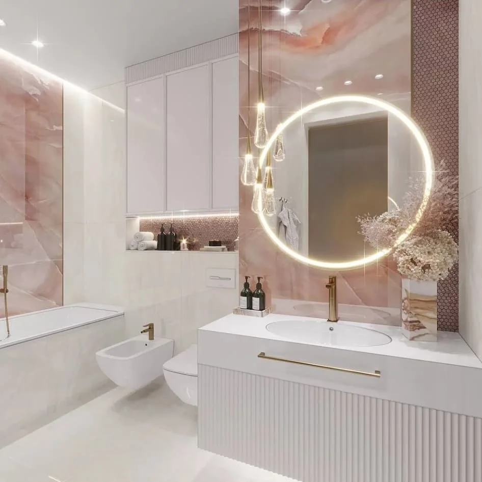 Glamorous Gold-accented Bathroom With Luxurious Lighting