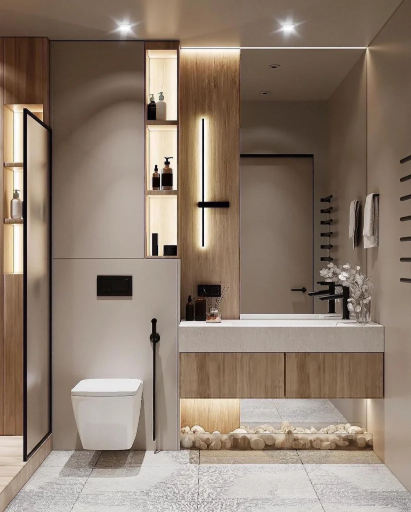 High-end Bathroom With Backlit Mirror And Dark Elements