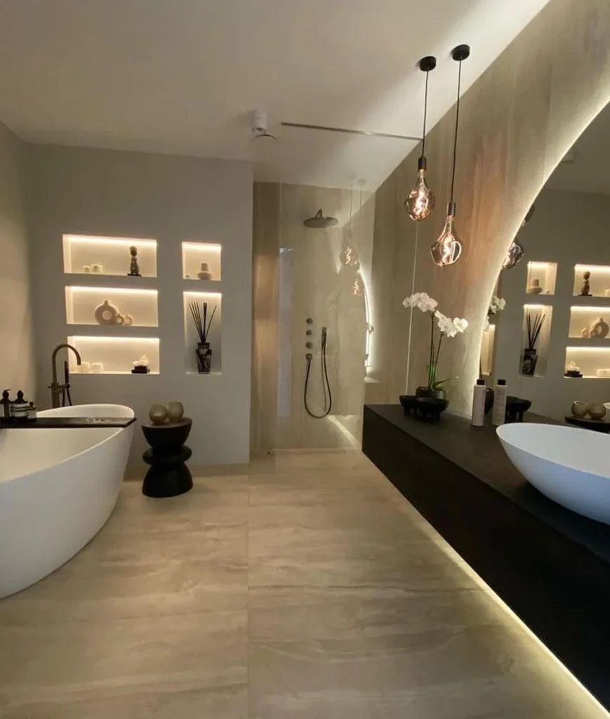 High-end Bathroom With Large Mirrors And Marble Walls