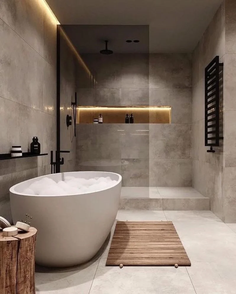 High-end Bathroom With A Freestanding Bathtub And Wooden Accents