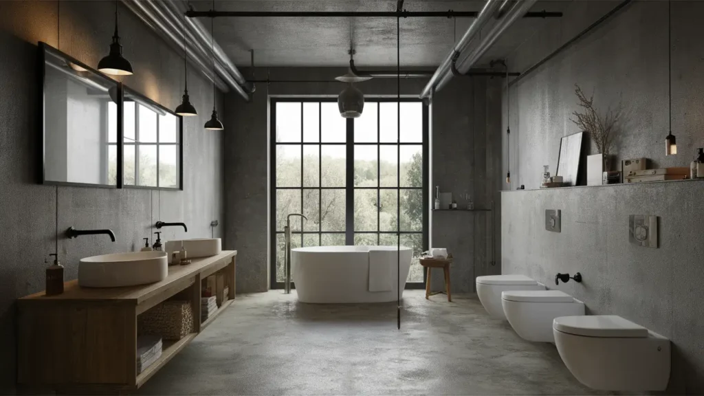 Industrial-inspired Bathroom With Exposed Pipes, Concrete Floors