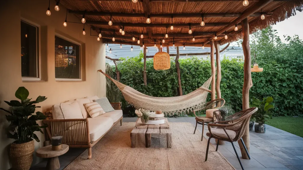 Intimate Patio Space With Hanging Fairy Lights, A Woven Hammock