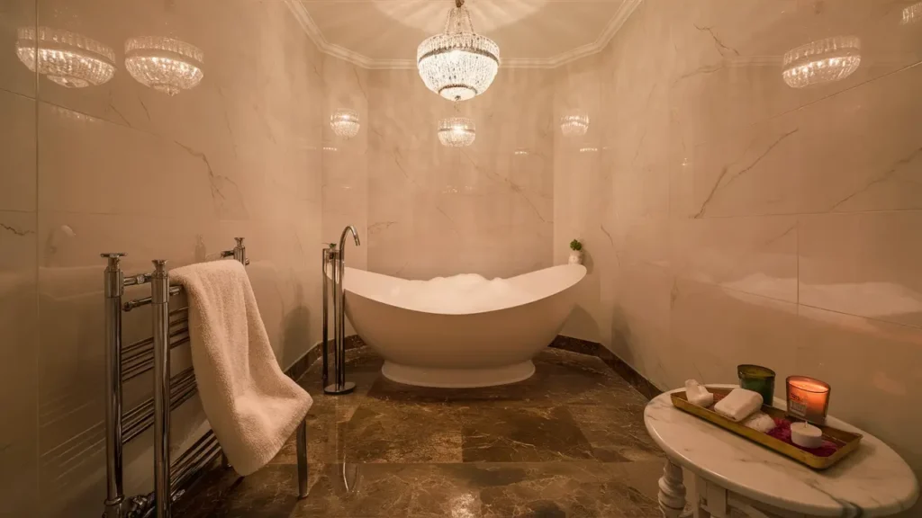 Luxurious Bathroom With Marble Walls, A Freestanding Tub