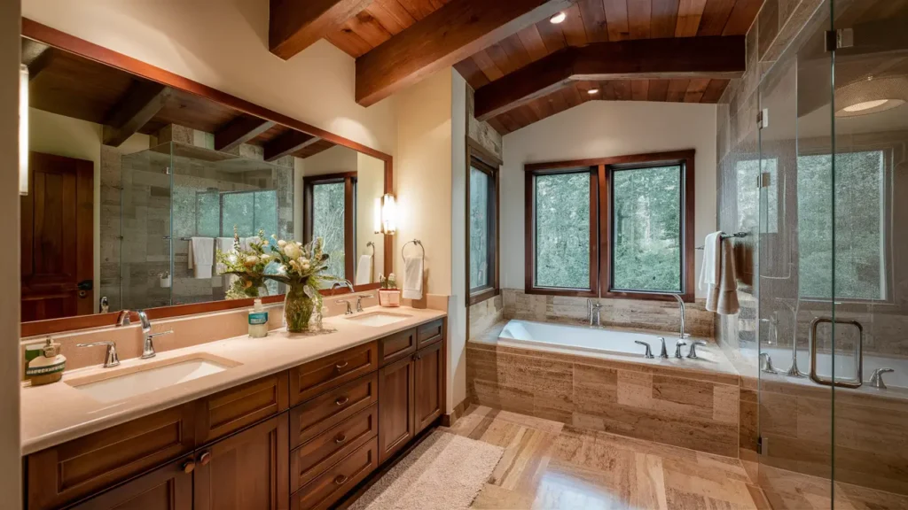 Luxurious Bathroom With Rich Wood Accents On The Countertop