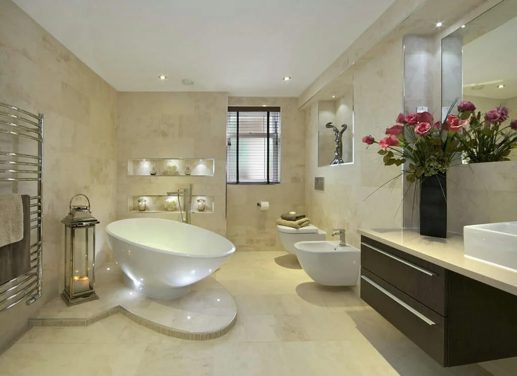 Luxurious Bathroom With Velvet Stools, Crystal Chandeliers