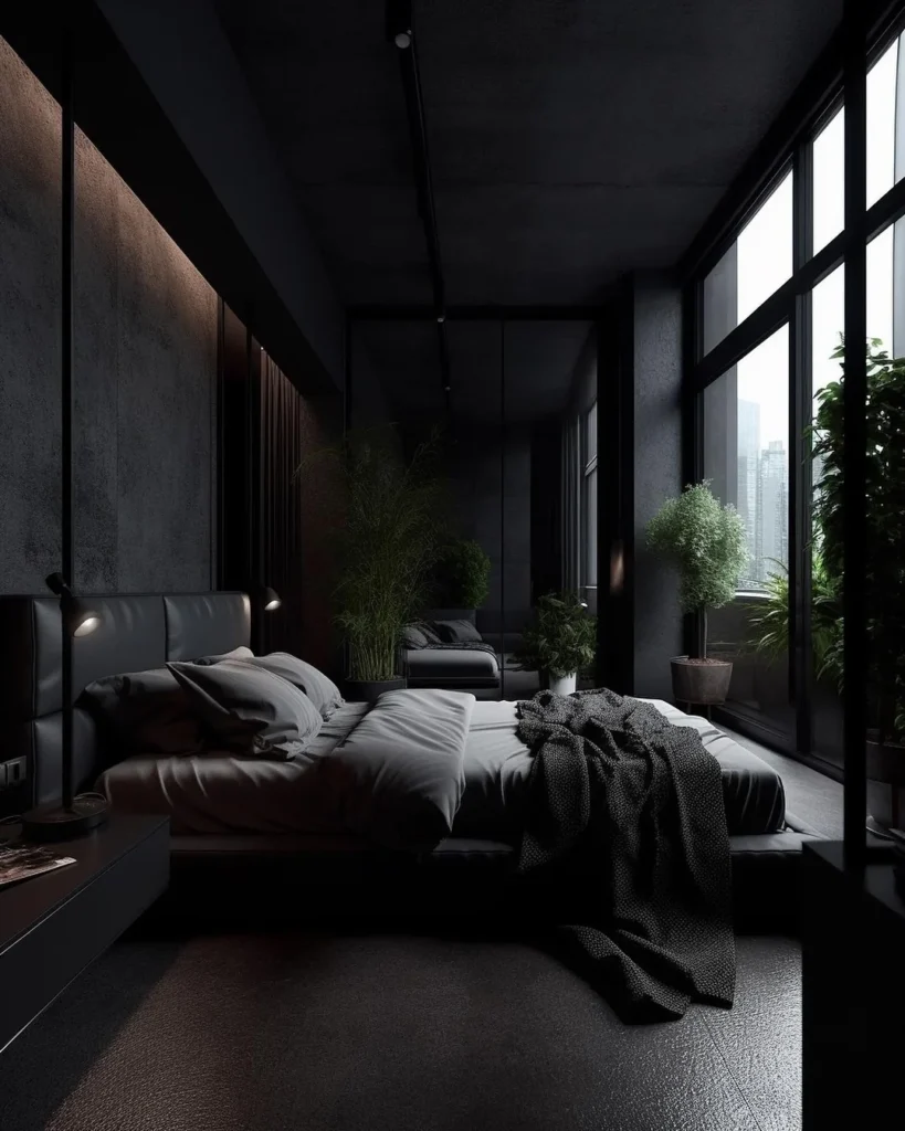 Luxury Bedroom With Black And Wooden Accents